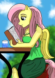 Size: 1024x1449 | Tagged: safe, artist:masqueradeofthenight, fluttershy, anthro, book, cleavage, clothes, female, skirt, solo