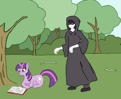 Size: 586x480 | Tagged: safe, artist:iemikas, derpibooru import, twilight sparkle, book, forest, voldemort