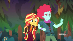 Size: 1280x720 | Tagged: safe, screencap, sunset shimmer, better together, equestria girls, sunset's backstage pass!, background human, clothes, discovery family logo, ear plugs, female, geode of empathy, jacket, magical geodes, male, oxford brush