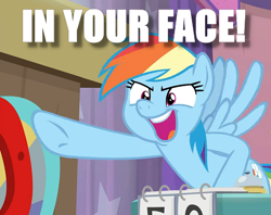 Size: 473x375 | Tagged: safe, derpibooru import, edit, edited screencap, screencap, rainbow dash, pegasus, pony, a trivial pursuit, bragging, caption, cropped, image macro, pointing, solo, text