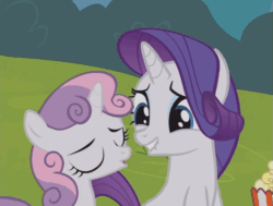 Size: 611x463 | Tagged: safe, screencap, rarity, sweetie belle, pony, unicorn, forever filly, animated, food, gif, lip bite, out of context, popcorn