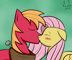 Size: 1417x1181 | Tagged: safe, artist:jj-snake, big macintosh, fluttershy, earth pony, pegasus, pony, eyes closed, fluttermac, kissing, male, shipping, stallion, straight