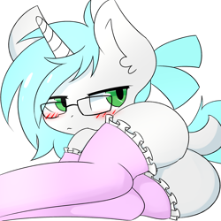 Size: 2000x2000 | Tagged: safe, artist:cancer742, oc, oc only, oc:sophia green, pony, unicorn, bedroom eyes, blushing, clothes, ear fluff, female, glasses, green eyes, horn, looking back, lying, mare, plot, simple background, solo, stockings, thigh highs, white background