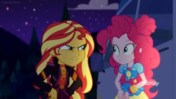 Size: 1366x768 | Tagged: safe, screencap, pinkie pie, sunset shimmer, better together, equestria girls, sunset's backstage pass!, discovery family logo, geode of empathy, geode of sugar bombs, glow, magical geodes, night, stare, upset