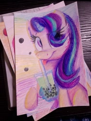 Size: 1536x2048 | Tagged: safe, artist:littleblackraencloud, starlight glimmer, pony, unicorn, eye clipping through hair, hair over one eye, juice, solo, straw, tongue out, traditional art