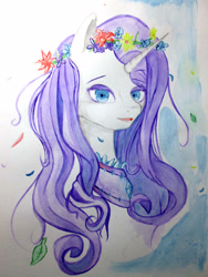 Size: 1200x1600 | Tagged: safe, artist:aerolp, artist:aerostoner, rarity, pony, unicorn, bust, floral head wreath, flower, portrait, solo, traditional art, watercolor painting