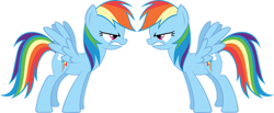 Size: 1280x525 | Tagged: safe, artist:knight725, derpibooru import, rainbow dash, changeling, pegasus, pony, a canterlot wedding, angry, disguise, disguised changeling, female, looking at each other, mare, self ponidox, simple background, transparent background, vector, wings