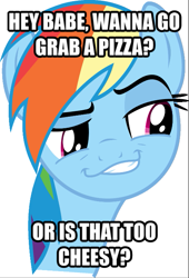 Size: 487x718 | Tagged: safe, derpibooru import, rainbow dash, pegasus, pony, bad pickup line, caption, meme, solo