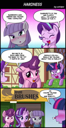 Size: 800x1540 | Tagged: safe, artist:uotapo, maud pie, starlight glimmer, sugar belle, twilight sparkle, twilight sparkle (alicorn), alicorn, earth pony, pony, unicorn, blood, blushing, comic, dialogue, female, implied maudbriar, implied shipping, implied starburst, implied straight, implied sugarmac, innocent innuendo, mare, nosebleed, speech bubble, translation