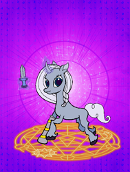 Size: 800x1060 | Tagged: safe, artist:twilightlsparkle, oc, oc:mithril unico, pony, unicorn, clothes, dagger, female, pentagram, photoshop, purple background, smiling, solo, stockings, thigh highs, weapon