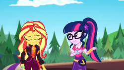 Size: 1366x768 | Tagged: safe, screencap, sci-twi, sunset shimmer, twilight sparkle, better together, equestria girls, sunset's backstage pass!, bad pun, discovery family logo, fake smile, geode of empathy, geode of telekinesis, magical geodes, pun, wristband