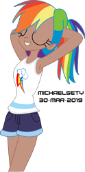 Size: 3270x6605 | Tagged: safe, artist:michaelsety, derpibooru import, rainbow dash, human, arm behind head, armpits, dark skin, eyes closed, humanized, kotobukiya, kotobukiya rainbow dash