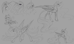 Size: 5000x3000 | Tagged: safe, artist:jazzybrony, princess celestia, princess luna, alicorn, classical unicorn, pony, absurd resolution, cewestia, crying, cute, doodle, eyes closed, female, filly, leonine tail, monochrome, prone, simple background, sketch, sunbutt, tongue out, unshorn fetlocks, woona, younger