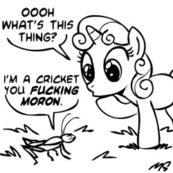 Size: 945x945 | Tagged: safe, artist:megasweet, sweetie belle, :o, cricket (insect), curious, frown, grass, lineart, monochrome, sweetie fail, sweetiedumb, unamused, vulgar