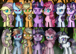 Size: 1414x1000 | Tagged: safe, artist:shungire, applejack, fluttershy, mean applejack, mean fluttershy, mean pinkie pie, mean rainbow dash, mean rarity, mean twilight sparkle, pinkie pie, rainbow dash, rarity, starlight glimmer, twilight sparkle, twilight sparkle (alicorn), alicorn, earth pony, pegasus, pony, unicorn, the mean 6, applejack's hat, clone, clone six, cowboy hat, evil grin, female, grin, hat, mane six, mare, mean six, signature, smiling