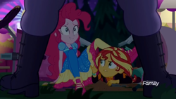Size: 1366x768 | Tagged: safe, screencap, max steele, pinkie pie, sunset shimmer, equestria girls, equestria girls series, sunset's backstage pass!, spoiler:eqg series (season 2), broken, clothes, discovery family logo, female, food cart, framed by legs, night, pointing, shoes, sneakers, wristband