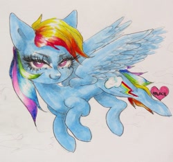 Size: 1069x999 | Tagged: safe, artist:palace, derpibooru import, rainbow dash, pegasus, pony, copic, female, flying, looking at you, mare, traditional art