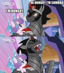 Size: 1224x1400 | Tagged: safe, derpibooru import, edit, edited screencap, screencap, king sombra, princess flurry heart, alicorn, pony, unicorn, the beginning of the end, angry, armor, caption, colored horn, crossing the line twice, curved horn, dad joke, dude not funny, duo, female, filly, flurry heart is not amused, horn, image macro, impact font, laughing, male, meme, stallion, text, unamused