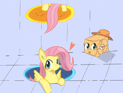 Size: 1837x1393 | Tagged: safe, artist:timorikawa, applejack, fluttershy, earth pony, pegasus, pony, companion cube, pixiv, portal, portal (valve), this will end in tears