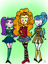 Size: 960x1280 | Tagged: safe, artist:miss---mystery, adagio dazzle, aria blaze, sonata dusk, equestria girls, clothes, crossed arms, crossover, cute, heathers, mary janes, miniskirt, musical, open mouth, pigtails, pleated skirt, ponytail, shoes, skirt, socks, starry eyes, the dazzlings, thigh highs, trio, twintails, wingding eyes, zettai ryouiki