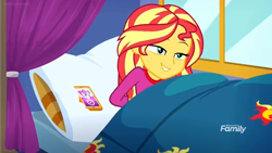 Size: 1366x768 | Tagged: safe, screencap, sunset shimmer, better together, equestria girls, sunset's backstage pass!, bed, curtain, discovery family logo, happy, phone, pillow, sleeping, tired, window