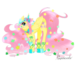 Size: 1280x1024 | Tagged: safe, artist:linamomoko, fluttershy, alicorn, pony, alicornified, blushing, cute, eyes, flower, flower in hair, fluttercorn, hair over one eye, long hair, race swap, raised hoof, signature, simple background, solo, transparent background