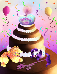 Size: 922x1200 | Tagged: safe, artist:shikimaakemi, applejack, rarity, earth pony, pony, unicorn, cake, chubbie, female, lesbian, my little squishy, rarijack, shipping