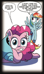 Size: 510x860 | Tagged: safe, artist:amy mebberson, derpibooru import, idw, pinkie pie, rainbow dash, earth pony, pegasus, pony, spoiler:comic, spoiler:comic16, duo, female, implied death, mare, official comic, seashell, simple background, speech bubble, whispering, white background