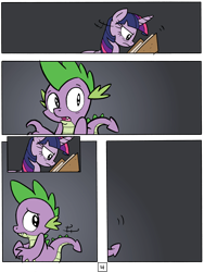 Size: 4757x6332 | Tagged: safe, artist:redapropos, derpibooru import, spike, twilight sparkle, twilight sparkle (alicorn), alicorn, dragon, pony, comic:maybe later spike, absurd resolution, book, comic, feels, female, frown, glare, mare, reading, sad, spikeabuse, wide eyes