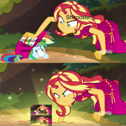 Size: 719x720 | Tagged: safe, derpibooru import, edit, edited screencap, editor:countcoltnackh, screencap, rainbow dash, sunset shimmer, better together, equestria girls, spring breakdown, caption, derpibooru, exploitable meme, geode of empathy, image macro, magical geodes, meme, meta, quicksand, quicksand meme, text