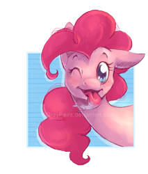 Size: 947x1110 | Tagged: safe, artist:graypaint, pinkie pie, earth pony, pony, against glass, drool, glass, licking, looking at you, solo, tongue out, wink