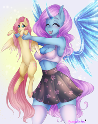 Size: 1153x1460 | Tagged: safe, artist:bunnywhiskerz, fluttershy, oc, oc:queen crystalline, alicorn, anthro, pegasus, pony, alicorn oc, anthro oc, anthro with ponies, armpits, bra, breasts, cleavage, clothes, colored hooves, cute, duo, eyes closed, female, holding a pony, mare, miniskirt, open mouth, patreon, patreon reward, skirt, socks, thigh highs, underwear, white underwear