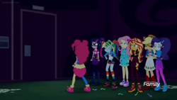 Size: 1366x768 | Tagged: safe, screencap, applejack, fluttershy, pinkie pie, rainbow dash, rarity, sci-twi, sunset shimmer, twilight sparkle, equestria girls, equestria girls series, sunset's backstage pass!, spoiler:eqg series (season 2), clothes, discovery family logo, door, geode of fauna, geode of telekinesis, humane five, humane seven, humane six, kicked out, magical geodes, night, rainbow socks, shoes, sneakers, socks, striped socks