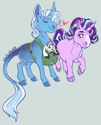 Size: 390x486 | Tagged: safe, artist:owlcoholik, starlight glimmer, trixie, oc, oc:white rabbit, classical unicorn, draconequus, hybrid, unicorn, baby, baby carrier, cloven hooves, cropped, draconequus oc, female, gray background, interspecies offspring, leonine tail, lesbian, offspring, parent:discord, parent:starlight glimmer, parent:trixie, parents:trixcord, shipping, simple background, startrix, unshorn fetlocks