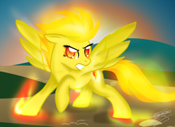 Size: 2100x1530 | Tagged: safe, artist:sierraex, derpibooru import, spitfire, pegasus, pony, angry, female, fire, mare, raised hoof, solo, spitfiery