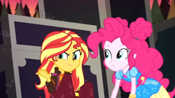 Size: 1366x768 | Tagged: safe, screencap, pinkie pie, sunset shimmer, better together, equestria girls, sunset's backstage pass!, discovery family logo, geode of sugar bombs, hiding, magical geodes