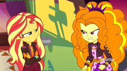 Size: 1366x768 | Tagged: safe, screencap, adagio dazzle, sunset shimmer, better together, equestria girls, sunset's backstage pass!, angry, contempt, discovery family logo, music festival outfit