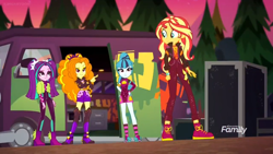 Size: 1366x768 | Tagged: safe, screencap, adagio dazzle, aria blaze, sonata dusk, sunset shimmer, better together, equestria girls, sunset's backstage pass!, discovery family logo, female, geode of empathy, magical geodes, music festival outfit, the dazzlings, van