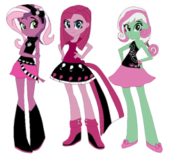 Size: 662x587 | Tagged: safe, artist:darkangelpuppet01, minty, pinkie pie, wysteria, equestria girls, g3, boots, clothes, dress, equestria girls-ified, g3 to equestria girls, generation leap, pinkamena diane pie, pinkie pie's boutique, pixel art, shoes, simple background, skirt, trio, white background