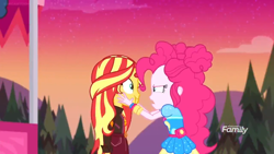 Size: 1366x768 | Tagged: safe, screencap, pinkie pie, sunset shimmer, better together, equestria girls, sunset's backstage pass!, cheek squish, discovery family logo, evening, eye contact, looking at each other, squishy cheeks