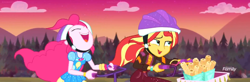 Size: 2348x768 | Tagged: safe, edit, edited screencap, screencap, pinkie pie, sunset shimmer, better together, equestria girls, sunset's backstage pass!, churros, discovery family logo, evening, forest background, helmet, panorama, riding, tandem bicycle