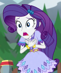 Size: 500x600 | Tagged: safe, screencap, rarity, equestria girls, legend of everfree, bracelet, cropped, hands on breasts, jewelry, lantern, mountain, solo, tree