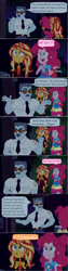 Size: 1362x5388 | Tagged: safe, edit, edited screencap, screencap, max steele, pinkie pie, sunset shimmer, better together, equestria girls, sunset's backstage pass!, churros, comic, dialogue, discovery family logo, happy, necktie, night, screencap comic, security guard, speech bubble, sunglasses