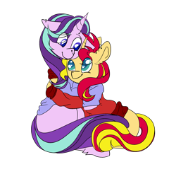 Size: 2336x2296 | Tagged: safe, artist:bublebee123, artist:icey-wicey-1517, color edit, edit, starlight glimmer, sunset shimmer, pony, unicorn, collaboration, clothes, colored, ear piercing, earring, female, heart eyes, hug, jewelry, lesbian, mare, missing cutie mark, nose piercing, nose ring, palindrome get, piercing, shimmerglimmer, shipping, simple background, sweater, transparent background, wingding eyes