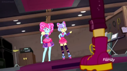 Size: 1366x768 | Tagged: safe, screencap, kiwi lollipop, sunset shimmer, supernova zap, better together, equestria girls, sunset's backstage pass!, boot, cabinet, cymbals, discovery family logo, music player, pointing