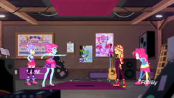 Size: 1366x768 | Tagged: safe, screencap, kiwi lollipop, pinkie pie, sunset shimmer, supernova zap, better together, equestria girls, sunset's backstage pass!, backstage, carpet, clipboard, clothes, discovery family logo, guitar, ladder, pointing, poster, schedule, shoes, sneakers, speakers, stockings, thigh highs
