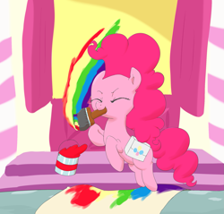 Size: 2039x1950 | Tagged: safe, artist:dambitail, pinkie pie, earth pony, pony, mouth hold, paint, paintbrush, painting, rainbow, saddle bag, solo