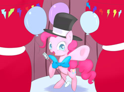 Size: 2361x1761 | Tagged: safe, artist:dambitail, pinkie pie, earth pony, pony, balloon, hat, make a wish, microphone, ribbon, singing, solo, underhoof