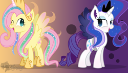 Size: 2784x1608 | Tagged: safe, artist:zombies-pudding, fluttershy, rarity, pegasus, pony, unicorn, clothes, cosplay, costume, crown, duo, fake horn, fake wings, female, heart eyes, jewelry, lunarity, mare, regalia, shylestia, wingding eyes