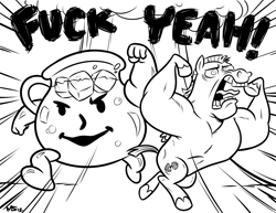 Size: 1347x1041 | Tagged: safe, artist:megasweet, bulk biceps, pony, bipedal, explosion, flexing, glare, kool-aid man, monochrome, open mouth, sketch, tongue out, vulgar, yeah, yelling